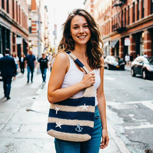 New Arrival Blue & White Striped Straw Tote Bag – Handwoven Classic Beach Shoulder Bag with Versatile Carry Options, A Timeless Summer Essential for Vacation & Everyday Style