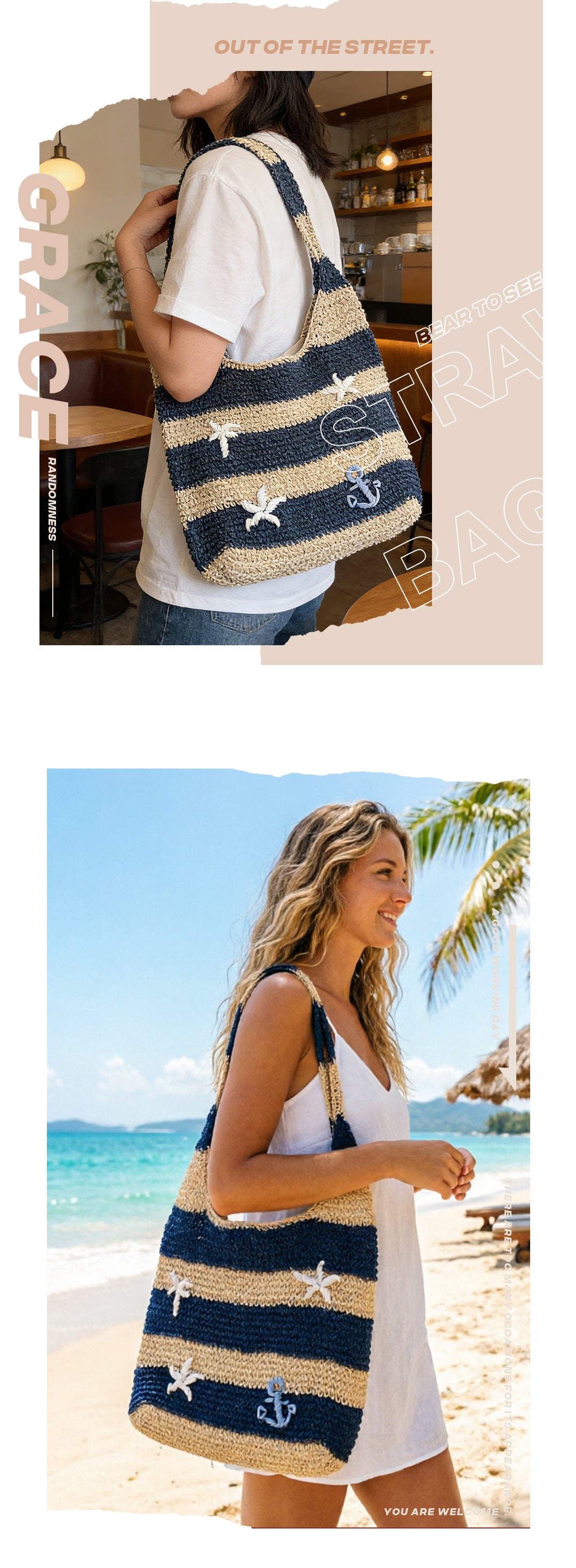 New Arrival Blue & White Striped Straw Tote Bag – Handwoven Classic Beach Shoulder Bag with Versatile Carry Options, A Timeless Summer Essential for Vacation & Everyday Style