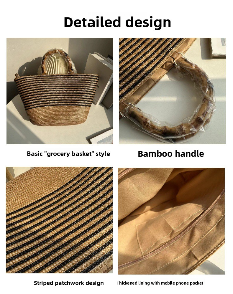 New Arrival Vintage Striped Straw Basket Bag – Handwoven French Style Tote with Bamboo-Look Handle, A Timeless Summer Essential for Vacation & Everyday Elegance