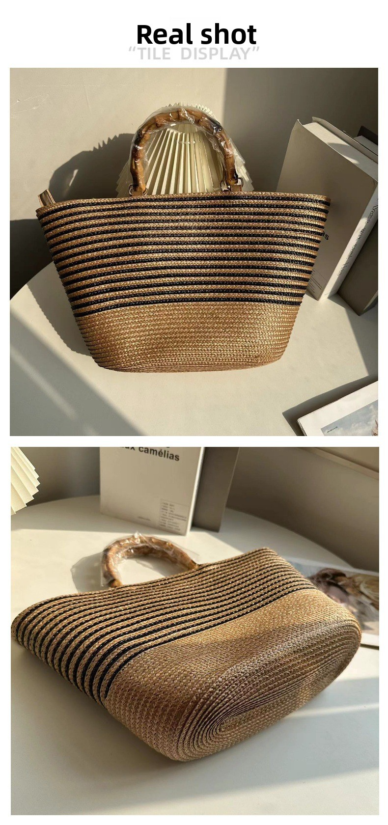 New Arrival Vintage Striped Straw Basket Bag – Handwoven French Style Tote with Bamboo-Look Handle, A Timeless Summer Essential for Vacation & Everyday Elegance