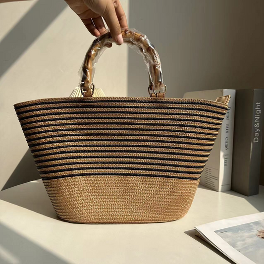 New Arrival Vintage Striped Straw Basket Bag – Handwoven French Style Tote with Bamboo-Look Handle, A Timeless Summer Essential for Vacation & Everyday Elegance