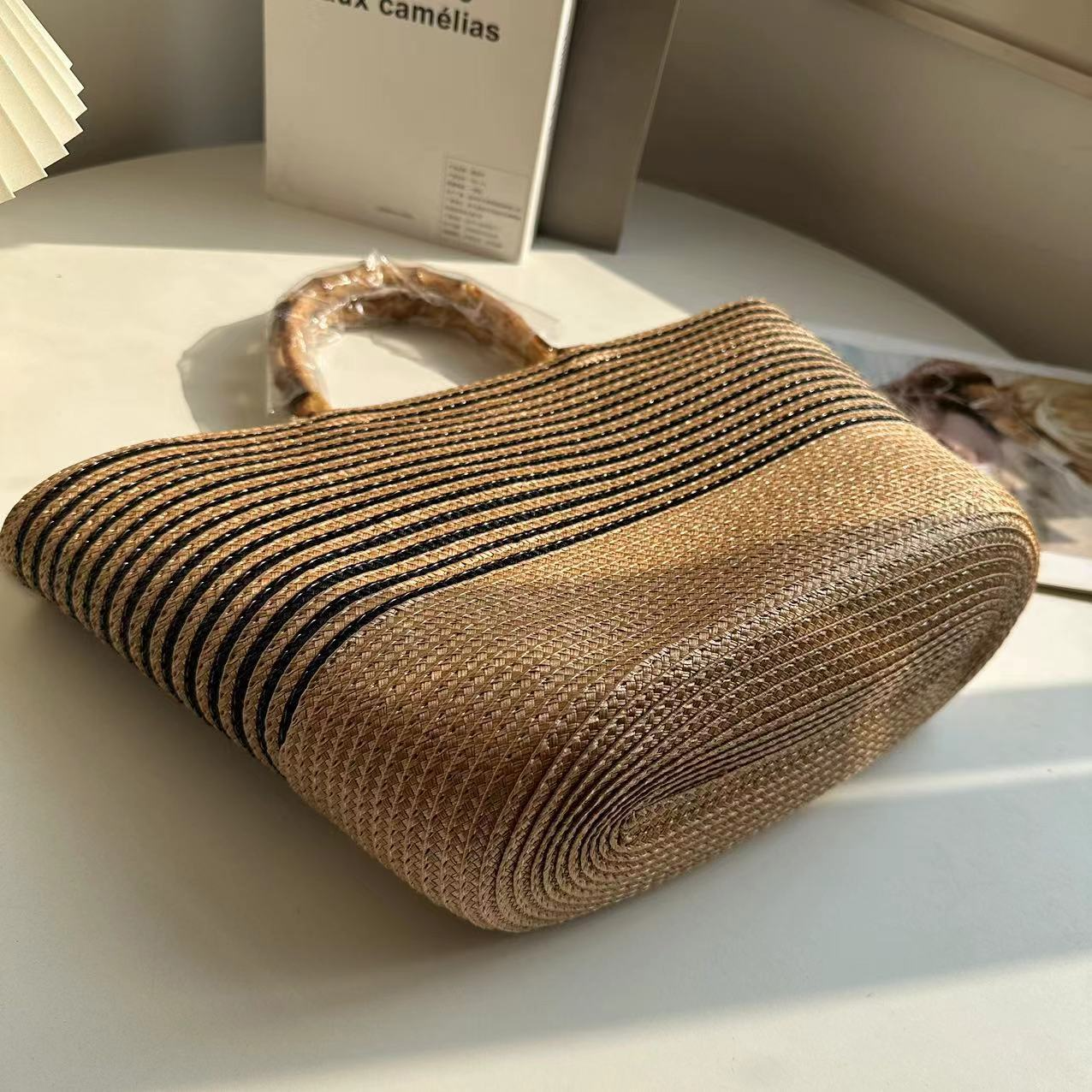 New Arrival Vintage Striped Straw Basket Bag – Handwoven French Style Tote with Bamboo-Look Handle, A Timeless Summer Essential for Vacation & Everyday Elegance