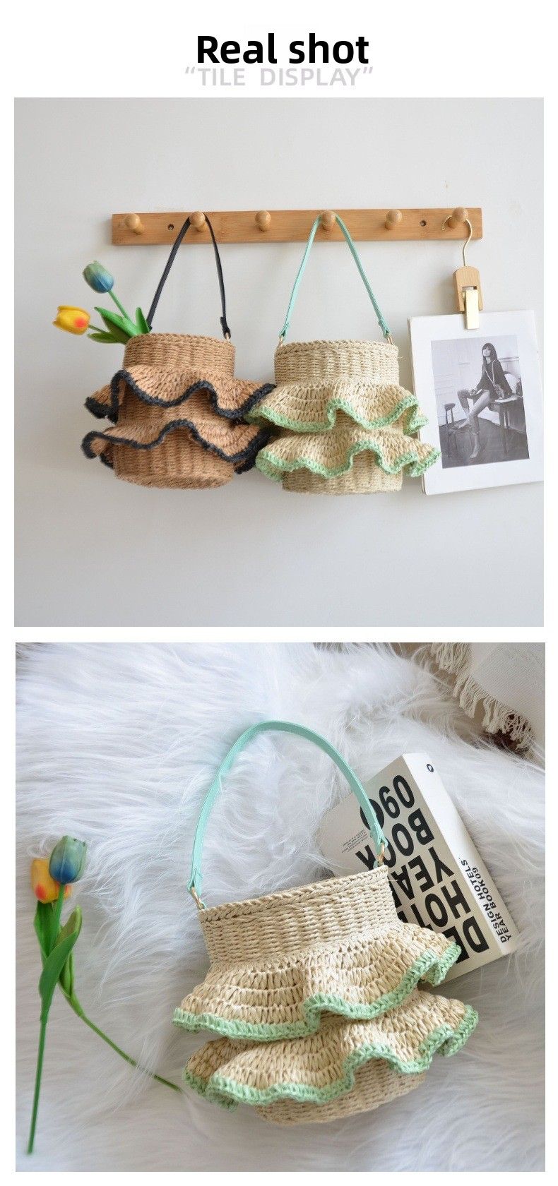 New Arrival Ruffle Straw Bucket Bag – Handwoven Cute Shoulder Tote with Flounce Trim, A Sweet & Spacious Summer Essential for Beach, Vacation & Everyday Style
