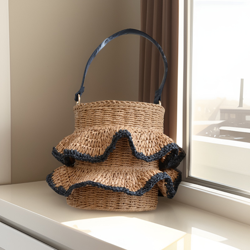 New Arrival Ruffle Straw Bucket Bag – Handwoven Cute Shoulder Tote with Flounce Trim, A Sweet & Spacious Summer Essential for Beach, Vacation & Everyday Style