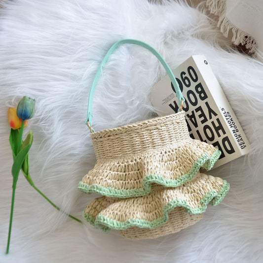 New Arrival Ruffle Straw Bucket Bag – Handwoven Cute Shoulder Tote with Flounce Trim, A Sweet & Spacious Summer Essential for Beach, Vacation & Everyday Style