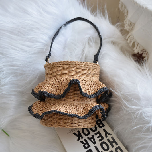 New Arrival Ruffle Straw Bucket Bag – Handwoven Cute Shoulder Tote with Flounce Trim, A Sweet & Spacious Summer Essential for Beach, Vacation & Everyday Style