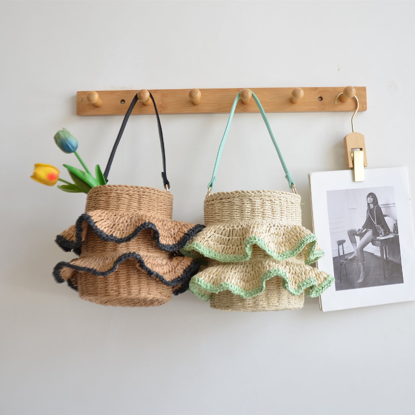 New Arrival Ruffle Straw Bucket Bag – Handwoven Cute Shoulder Tote with Flounce Trim, A Sweet & Spacious Summer Essential for Beach, Vacation & Everyday Style