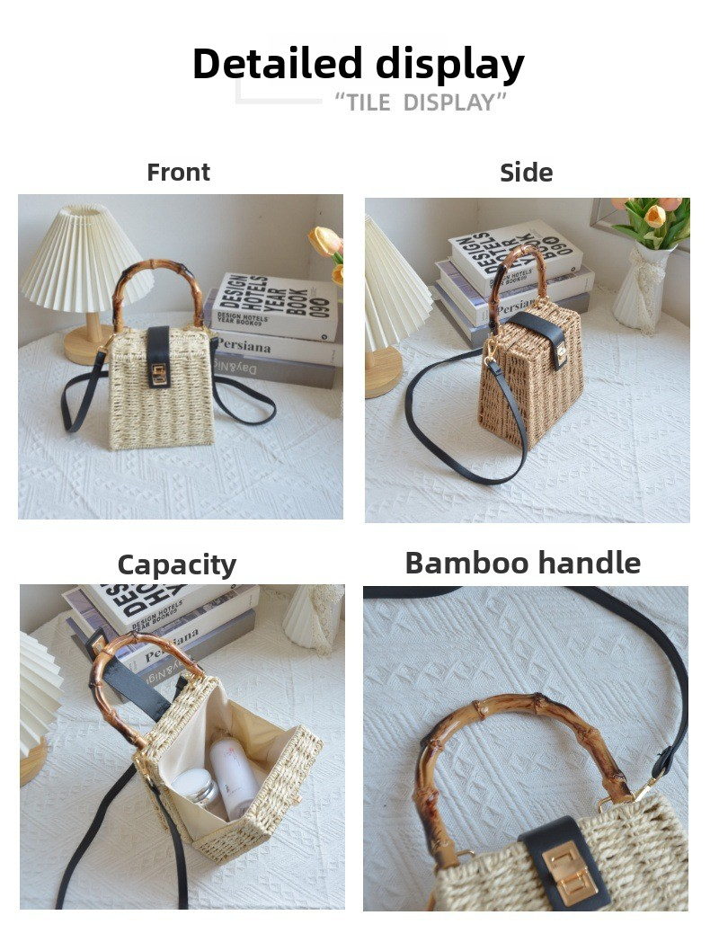 New Arrival Vintage Trapezoid Straw Tote Bag – Handwoven Bamboo Handle Crossbody Shoulder Bag with Leather Trim, A Luxe Summer Essential for Commute, Vacation & Everyday Style