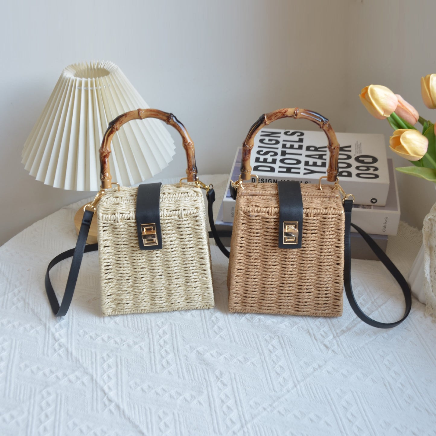 New Arrival Vintage Trapezoid Straw Tote Bag – Handwoven Bamboo Handle Crossbody Shoulder Bag with Leather Trim, A Luxe Summer Essential for Commute, Vacation & Everyday Style
