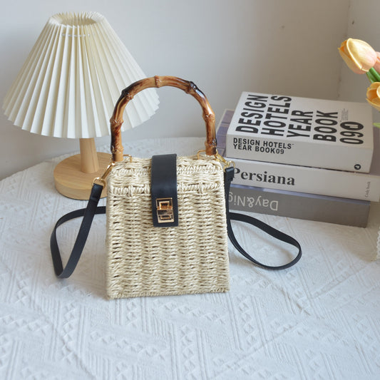New Arrival Vintage Trapezoid Straw Tote Bag – Handwoven Bamboo Handle Crossbody Shoulder Bag with Leather Trim, A Luxe Summer Essential for Commute, Vacation & Everyday Style