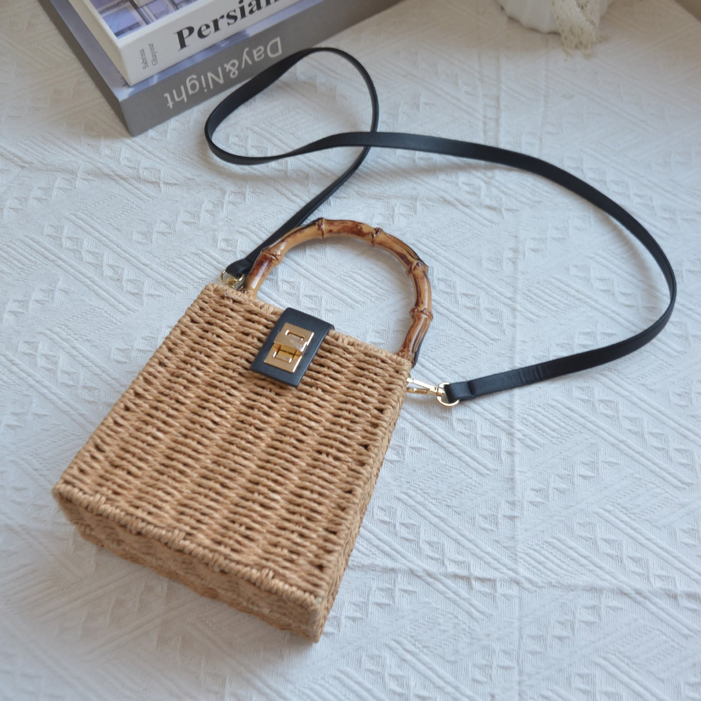 New Arrival Vintage Trapezoid Straw Tote Bag – Handwoven Bamboo Handle Crossbody Shoulder Bag with Leather Trim, A Luxe Summer Essential for Commute, Vacation & Everyday Style