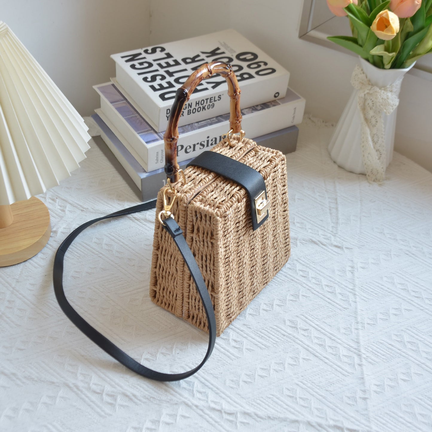 New Arrival Vintage Trapezoid Straw Tote Bag – Handwoven Bamboo Handle Crossbody Shoulder Bag with Leather Trim, A Luxe Summer Essential for Commute, Vacation & Everyday Style