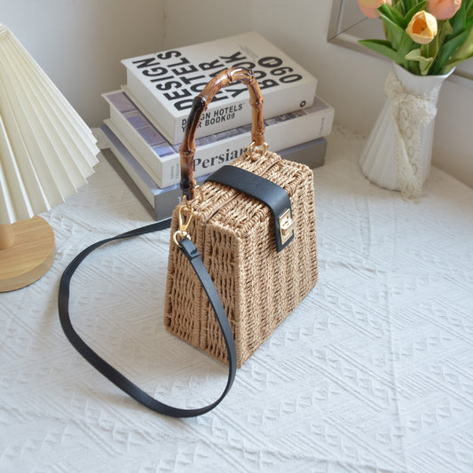 New Arrival Vintage Trapezoid Straw Tote Bag – Handwoven Bamboo Handle Crossbody Shoulder Bag with Leather Trim, A Luxe Summer Essential for Commute, Vacation & Everyday Style