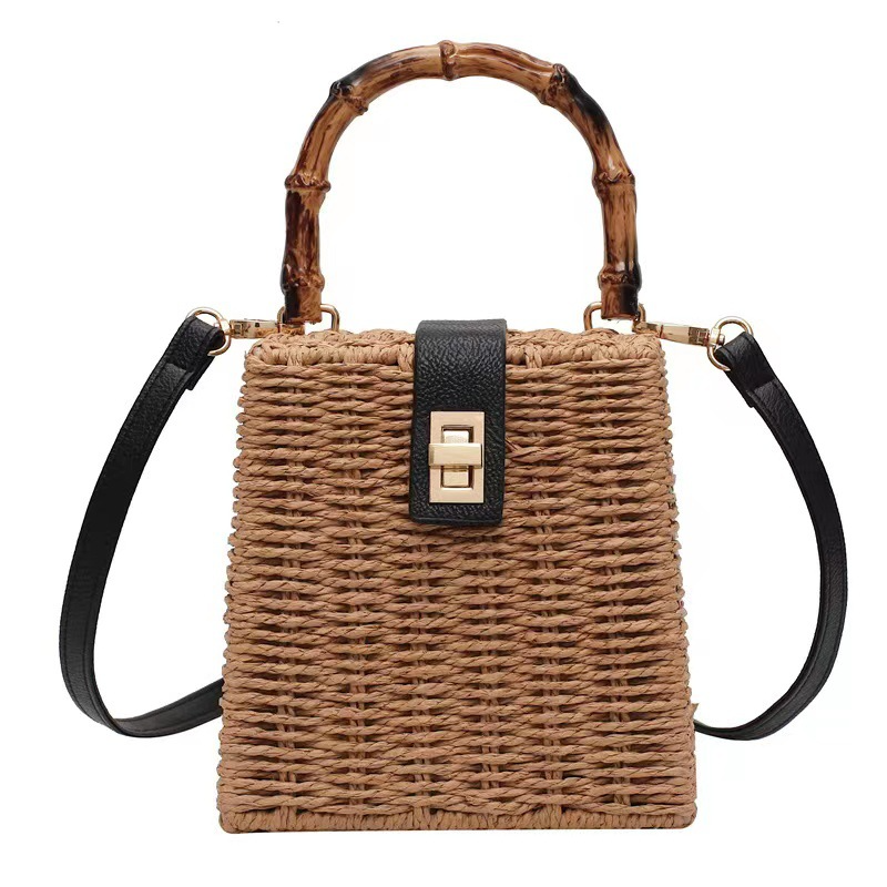 New Arrival Vintage Trapezoid Straw Tote Bag – Handwoven Bamboo Handle Crossbody Shoulder Bag with Leather Trim, A Luxe Summer Essential for Commute, Vacation & Everyday Style