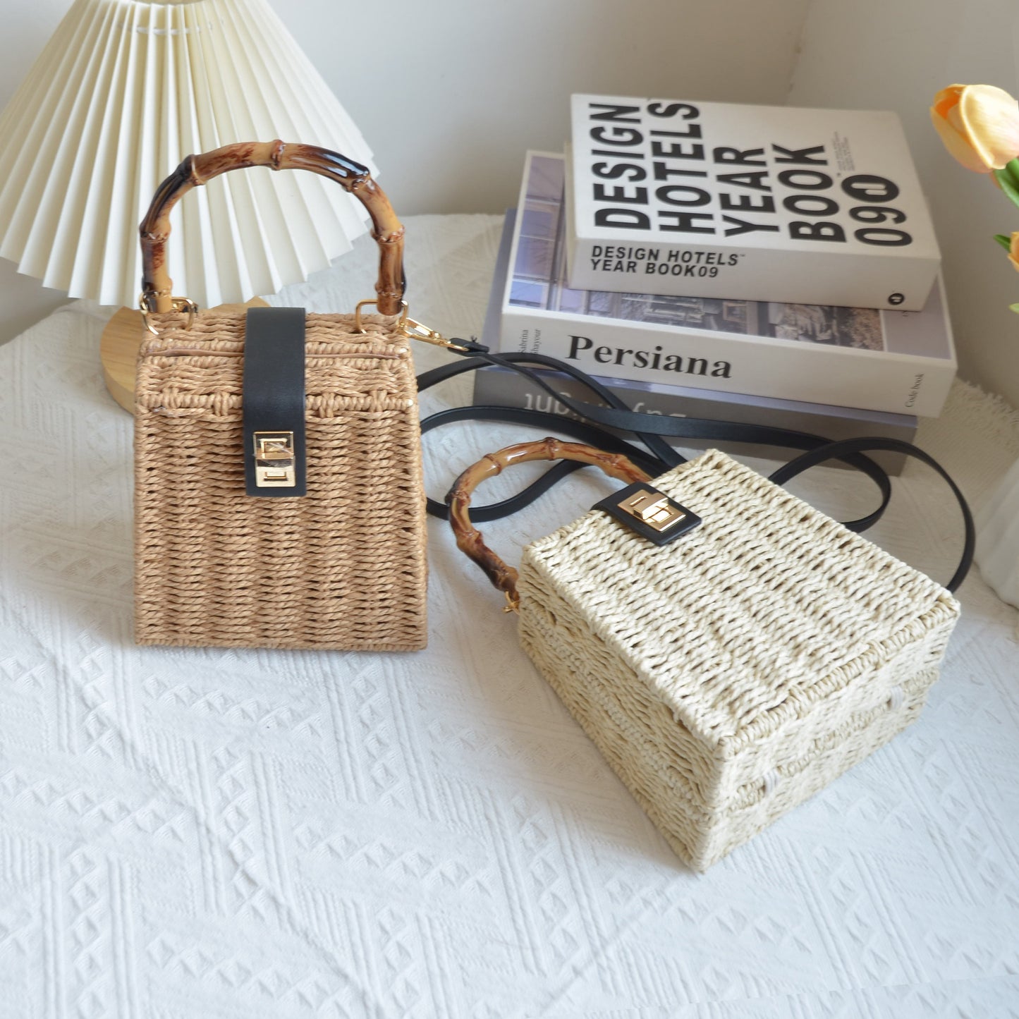 New Arrival Vintage Trapezoid Straw Tote Bag – Handwoven Bamboo Handle Crossbody Shoulder Bag with Leather Trim, A Luxe Summer Essential for Commute, Vacation & Everyday Style