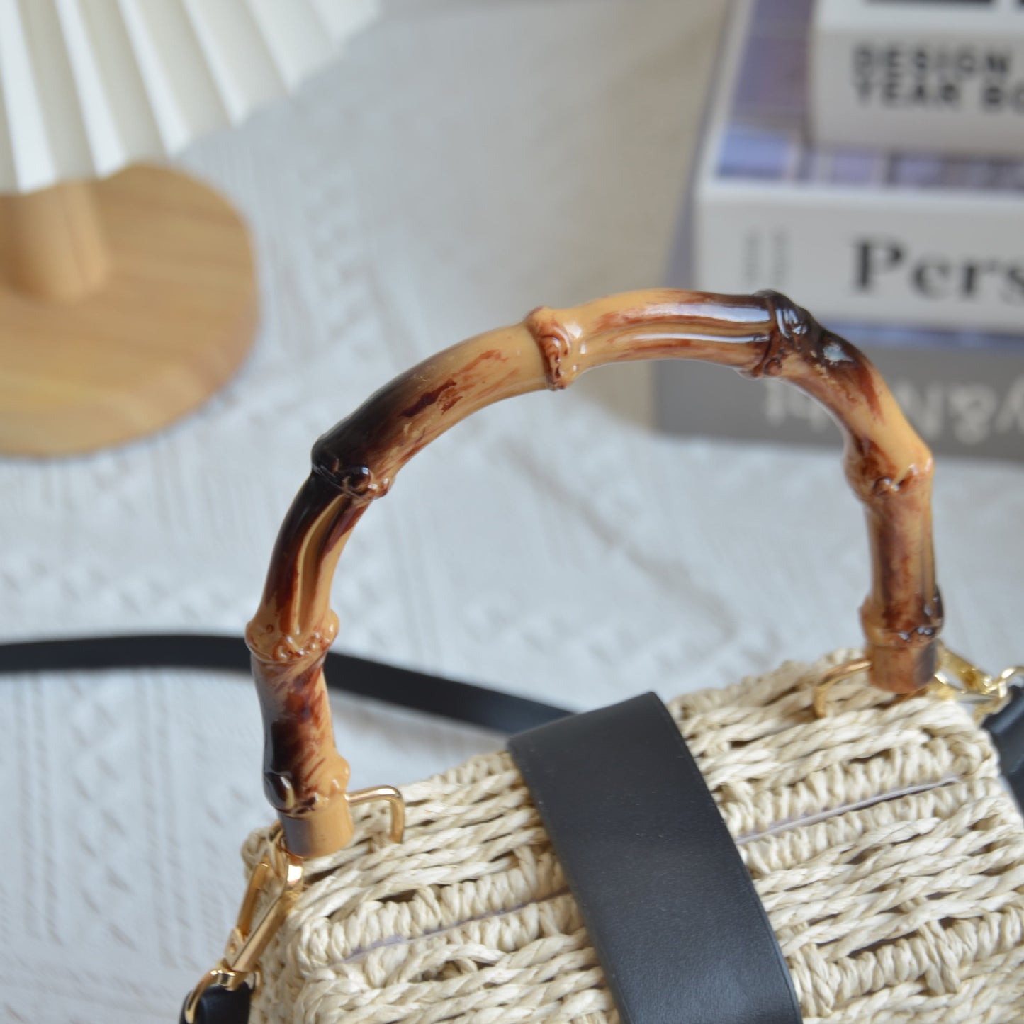 New Arrival Vintage Trapezoid Straw Tote Bag – Handwoven Bamboo Handle Crossbody Shoulder Bag with Leather Trim, A Luxe Summer Essential for Commute, Vacation & Everyday Style