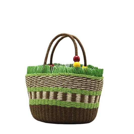 New Arrival Wood Bead Handle Straw Tote Bag – Handwoven Diagonal Basket Purse with Boho Charm, A Lightweight & Roomy Summer Essential for Beach, Market & Everyday Style