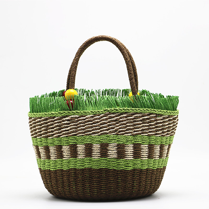 New Arrival Wood Bead Handle Straw Tote Bag – Handwoven Diagonal Basket Purse with Boho Charm, A Lightweight & Roomy Summer Essential for Beach, Market & Everyday Style
