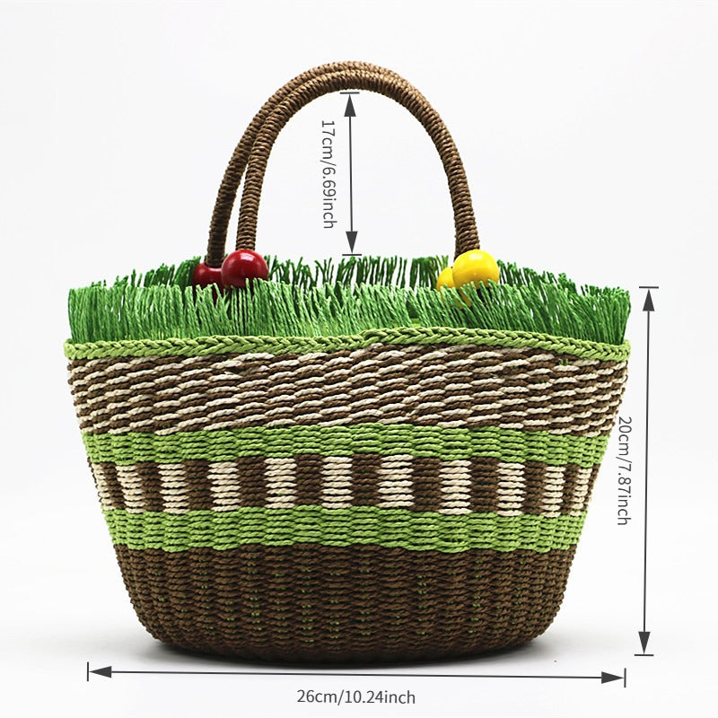 New Arrival Wood Bead Handle Straw Tote Bag – Handwoven Diagonal Basket Purse with Boho Charm, A Lightweight & Roomy Summer Essential for Beach, Market & Everyday Style