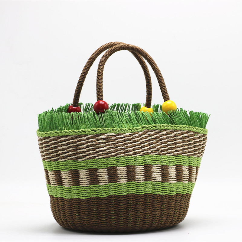 New Arrival Wood Bead Handle Straw Tote Bag – Handwoven Diagonal Basket Purse with Boho Charm, A Lightweight & Roomy Summer Essential for Beach, Market & Everyday Style