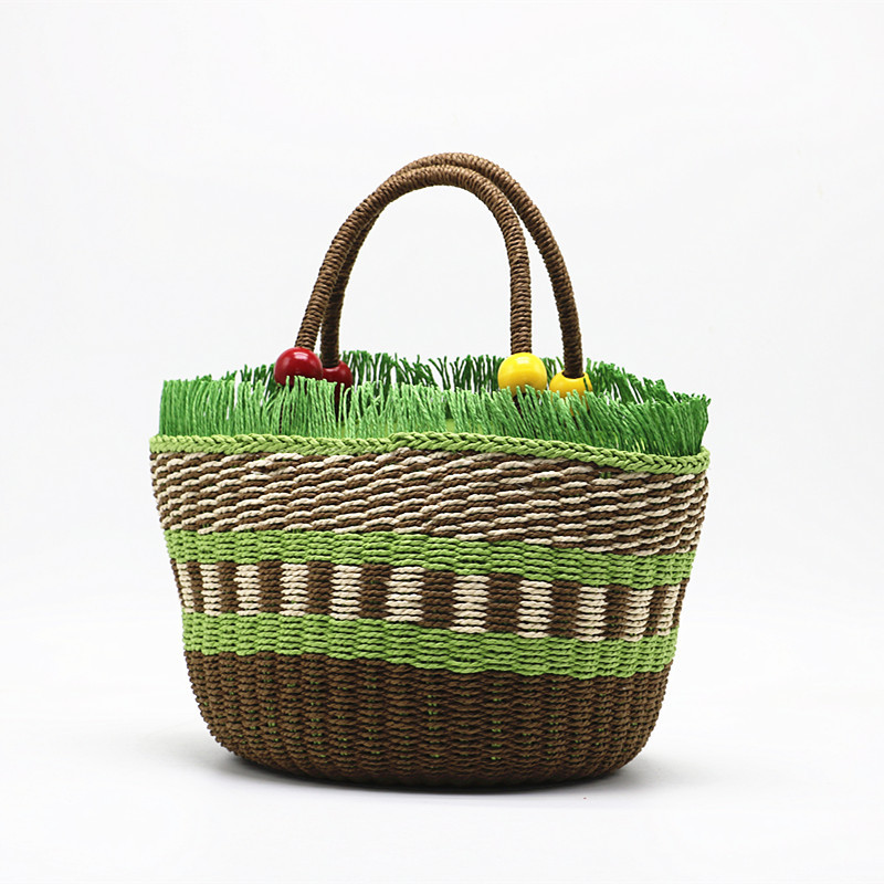 New Arrival Wood Bead Handle Straw Tote Bag – Handwoven Diagonal Basket Purse with Boho Charm, A Lightweight & Roomy Summer Essential for Beach, Market & Everyday Style