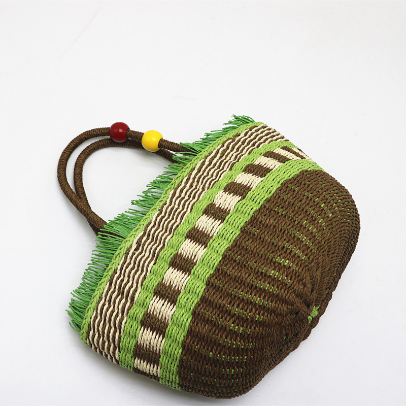 New Arrival Wood Bead Handle Straw Tote Bag – Handwoven Diagonal Basket Purse with Boho Charm, A Lightweight & Roomy Summer Essential for Beach, Market & Everyday Style