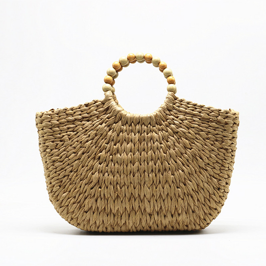 New Arrival Wooden Bead Moon Bag – Handwoven Camel Straw Tote with Sculptural Handle, A Spacious & Boho-Chic Summer Essential for Beach, Travel & Everyday Style