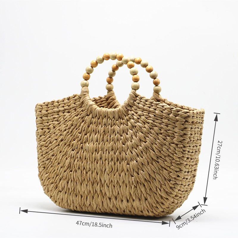 New Arrival Wooden Bead Moon Bag – Handwoven Camel Straw Tote with Sculptural Handle, A Spacious & Boho-Chic Summer Essential for Beach, Travel & Everyday Style