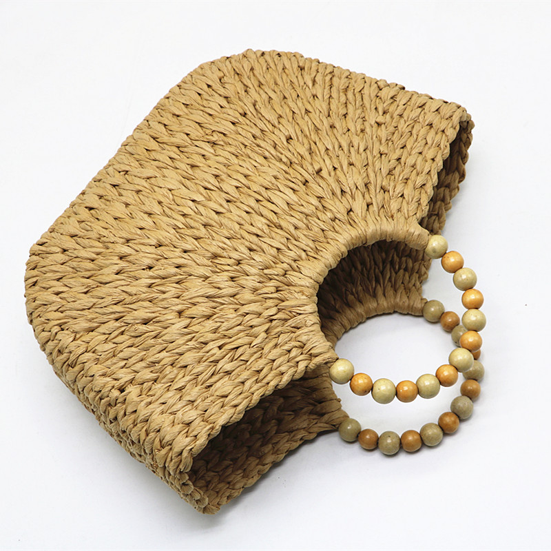 New Arrival Wooden Bead Moon Bag – Handwoven Camel Straw Tote with Sculptural Handle, A Spacious & Boho-Chic Summer Essential for Beach, Travel & Everyday Style