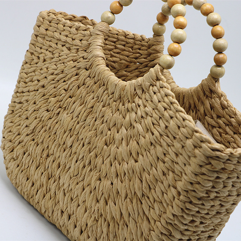 New Arrival Wooden Bead Moon Bag – Handwoven Camel Straw Tote with Sculptural Handle, A Spacious & Boho-Chic Summer Essential for Beach, Travel & Everyday Style