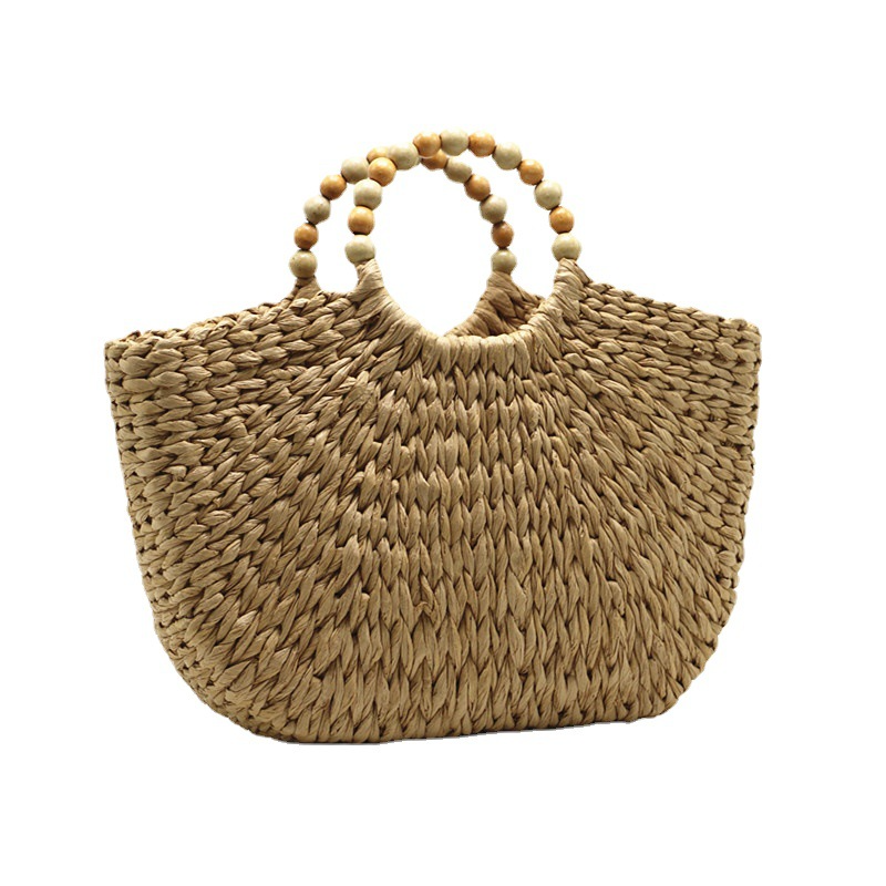 New Arrival Wooden Bead Moon Bag – Handwoven Camel Straw Tote with Sculptural Handle, A Spacious & Boho-Chic Summer Essential for Beach, Travel & Everyday Style