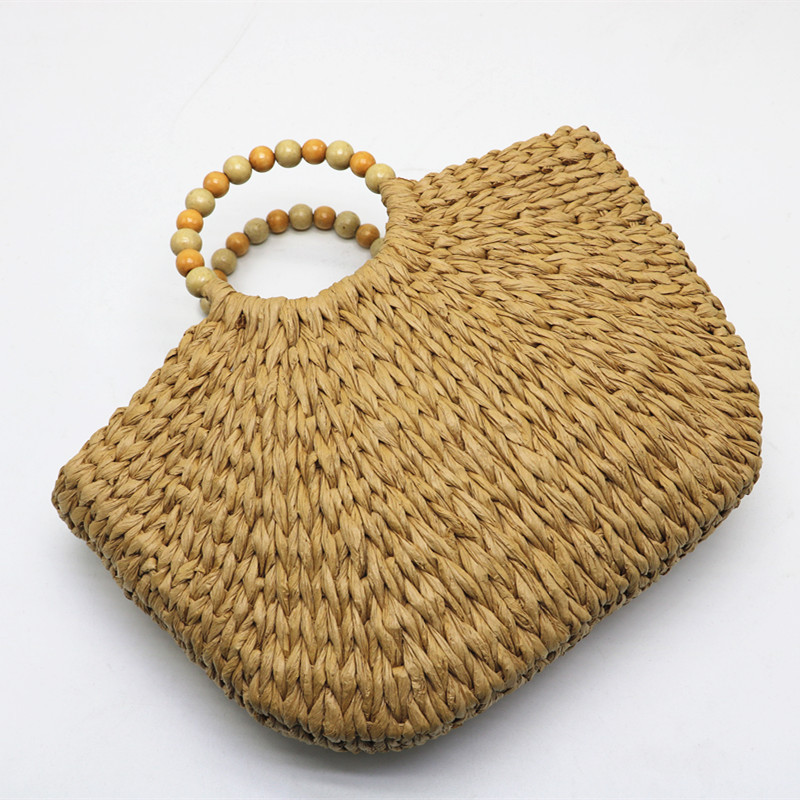 New Arrival Wooden Bead Moon Bag – Handwoven Camel Straw Tote with Sculptural Handle, A Spacious & Boho-Chic Summer Essential for Beach, Travel & Everyday Style