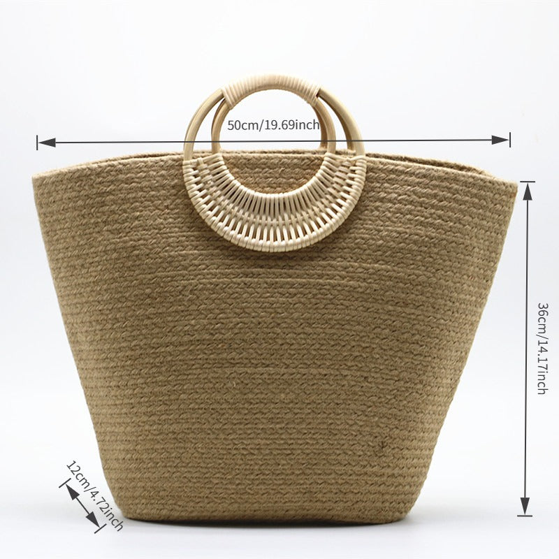 New Arrival Large Jute Rope Straw Tote Bag – Handwoven Beach Shoulder Bag with Leather Handles & Zipper, A Spacious Summer Essential for Vacation, Travel & Everyday Use